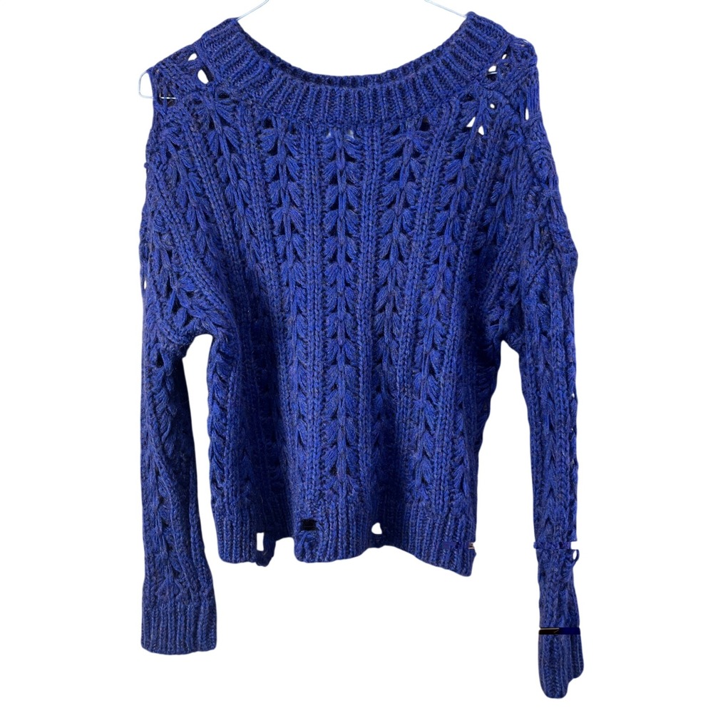 Altar'd State Sweater Womens S Blue Crochet Knit Shimmer Pullover Distressed